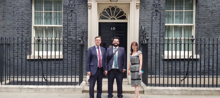 Bishop's Stortford College Headmaster, Jeremy Gladwin, and two others outside No. 10 Downing Street