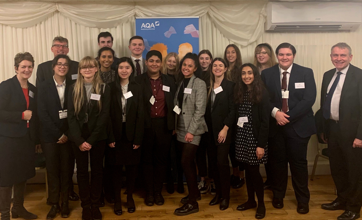 Victoria (front row, 4th from left) and the rest of the Student Advisory Group with AQA Trustee Elizabeth Kitcatt (front row, 1st from left), AQA CEO