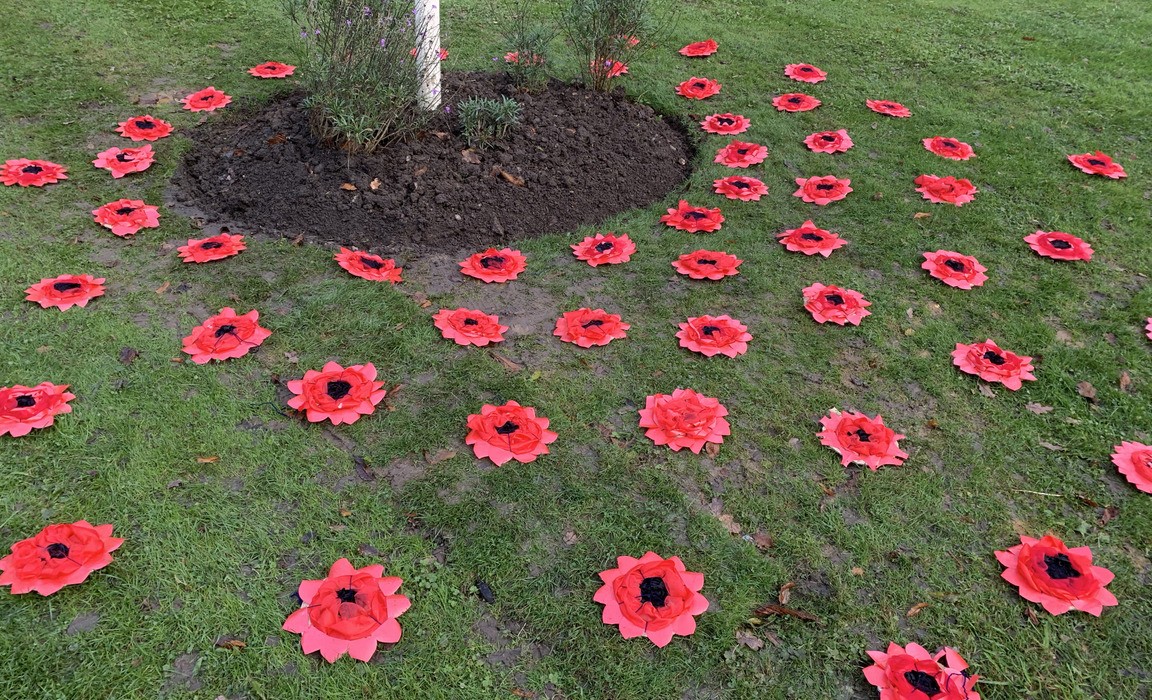 Homemade poppies surrounded the school's flagpole
