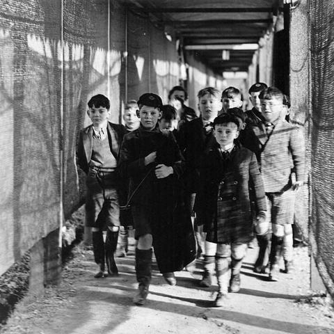 Dulwich Prep 1939 boys walk to lessons in huts