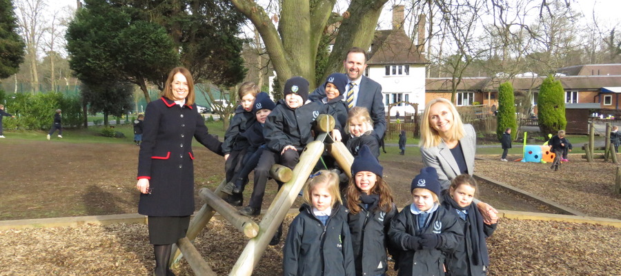 Headmistress Shelley Lance (L), Deputy Head Ewan Carradine and Head of Pre-Prep Amanda Burton Smith (R) with pupils from Feltonfleet Pre-Prep