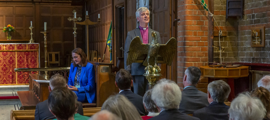 The Bishop of Guildford, The Right Reverend Andrew Watson addresses the congregation in the Gordon's School Chapel at the 125th Dedication Anniversary