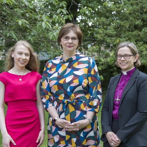 Head Girl Emma Stanley, Rt Revd Dr Helen-Ann Hartley, Mrs Sylvia Brett Principal of Harrogate Ladies' College