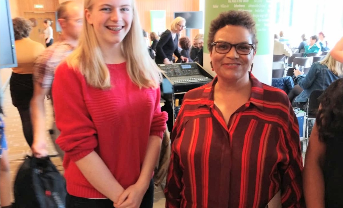 Kilgraston pupil, Anna Gilmore Heezen, with 'Scots Makar', Jackie Kay, at The Foyle Young Poets of the Year Award 2019 at London's Southbank Centre.