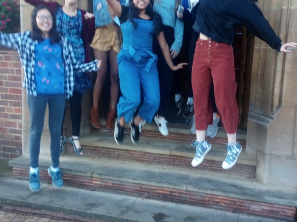 KEHS girls celebrating their record haul of A* grades at A level