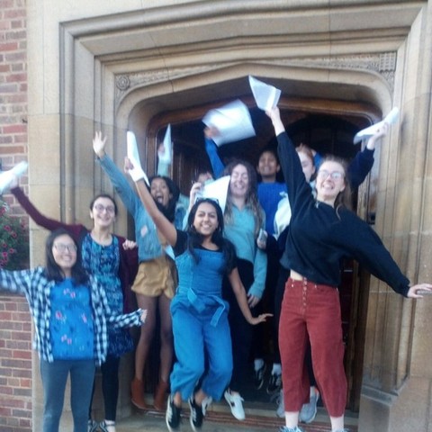 KEHS girls celebrating their record haul of A* grades at A level