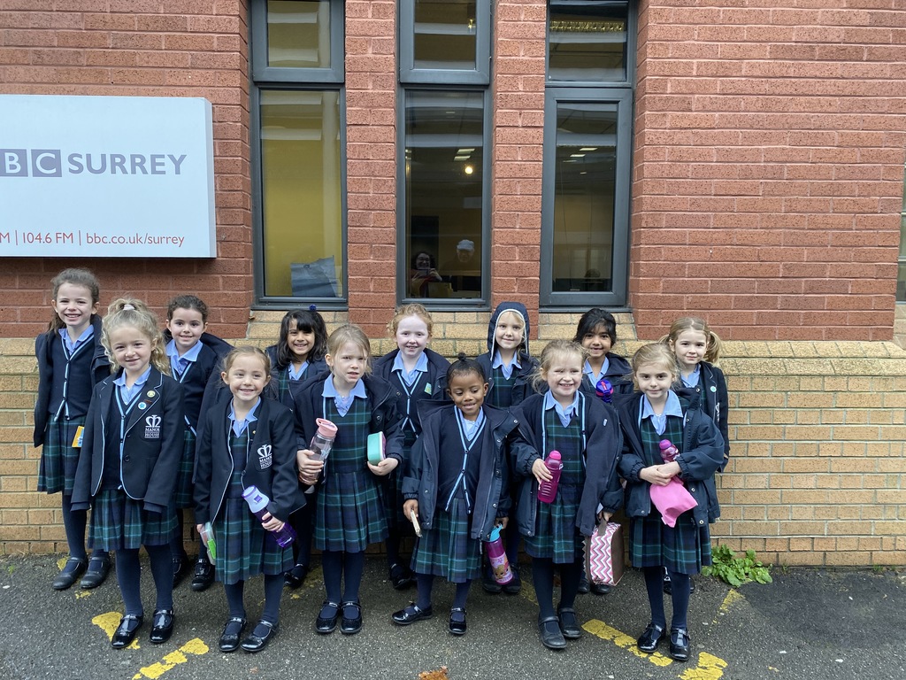 A group of Year 1 and 2 pupils of Manor House School outside BBC Radio Surrey to record their Nativity