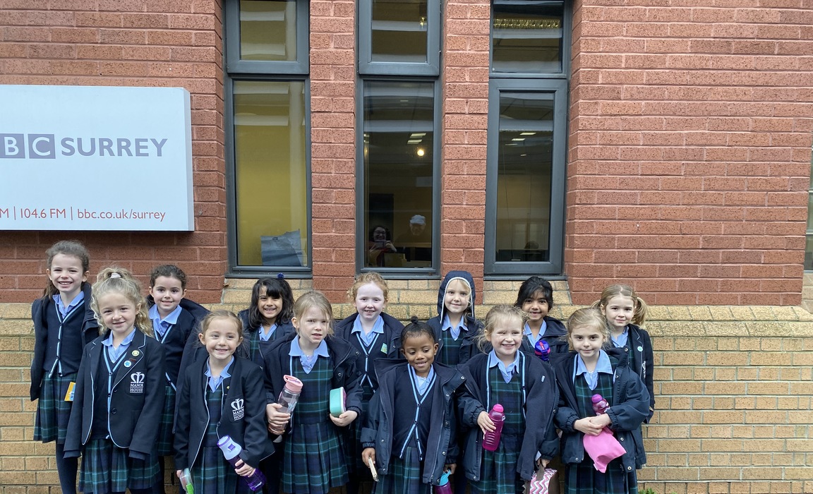 A group of Year 1 and 2 pupils of Manor House School outside BBC Radio Surrey to record their Nativity