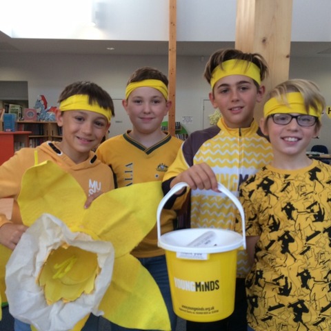 Head boy Seb Bowen (holding the bucket) with fellow Year 6 pupils Alex Rimko, Max Parke-Robinson and Harrison Cannon support World Mental Health Day.