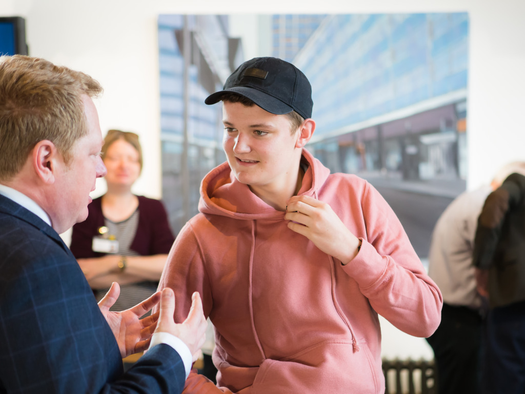Reigate Grammar School Drama student Jarrett Mee with Headmaster Shaun Fenton