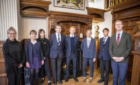 L to R Bede’s Librarian Miss Evans, Maddie Goodman, Milly Gibson, Will Quibell, Sam Bickersteth, Eliane Boyer, Jack White and Bede’s Head of English M