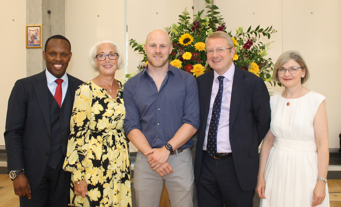 L to R: Rob Simmons (Junior School Headmaster), Diana Simmons, Joe Simpson, Andrew Johnson (St Benedict’s Headmaster) and Dawn Johnson