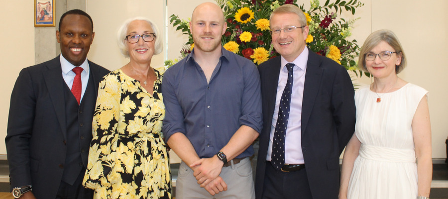 L to R: Rob Simmons (Junior School Headmaster), Diana Simmons, Joe Simpson, Andrew Johnson (St Benedict’s Headmaster) and Dawn Johnson