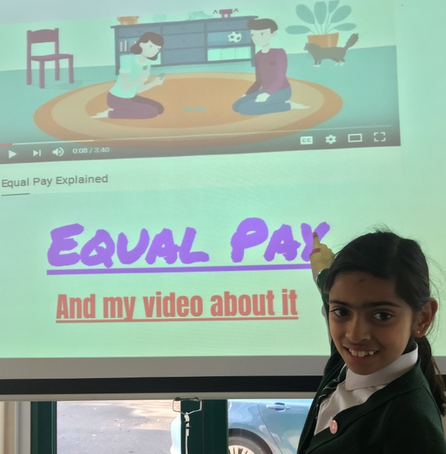 Uma delivers a presentation to the school on the topical issue of Equal Pay.