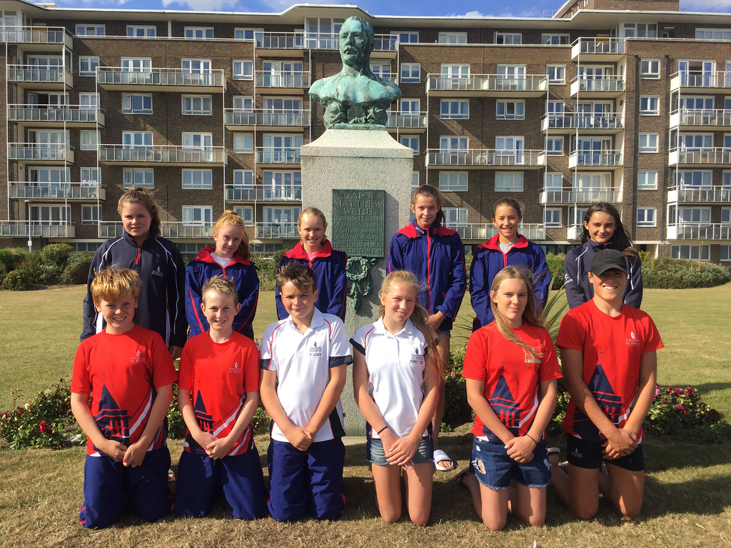 Channel Swimmers in front of William Webb Statue