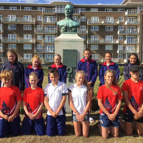 Channel Swimmers in front of William Webb Statue