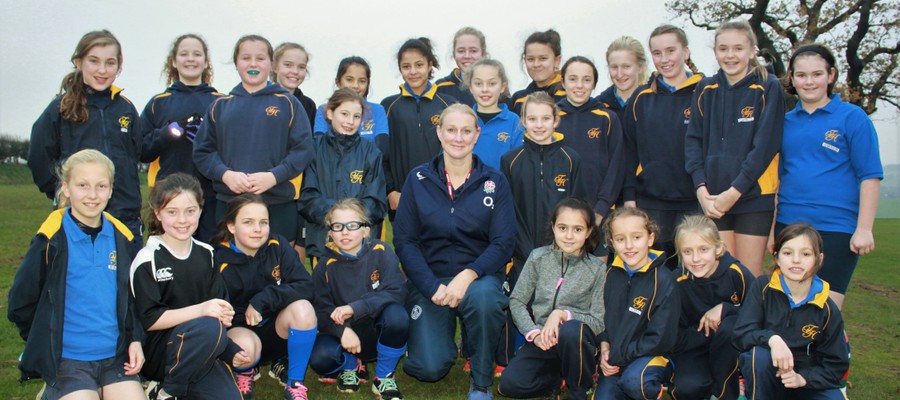 England rugby player Tamara Taylor leads a rugby training session with Terrington Hall School's Year 6-8 girls
