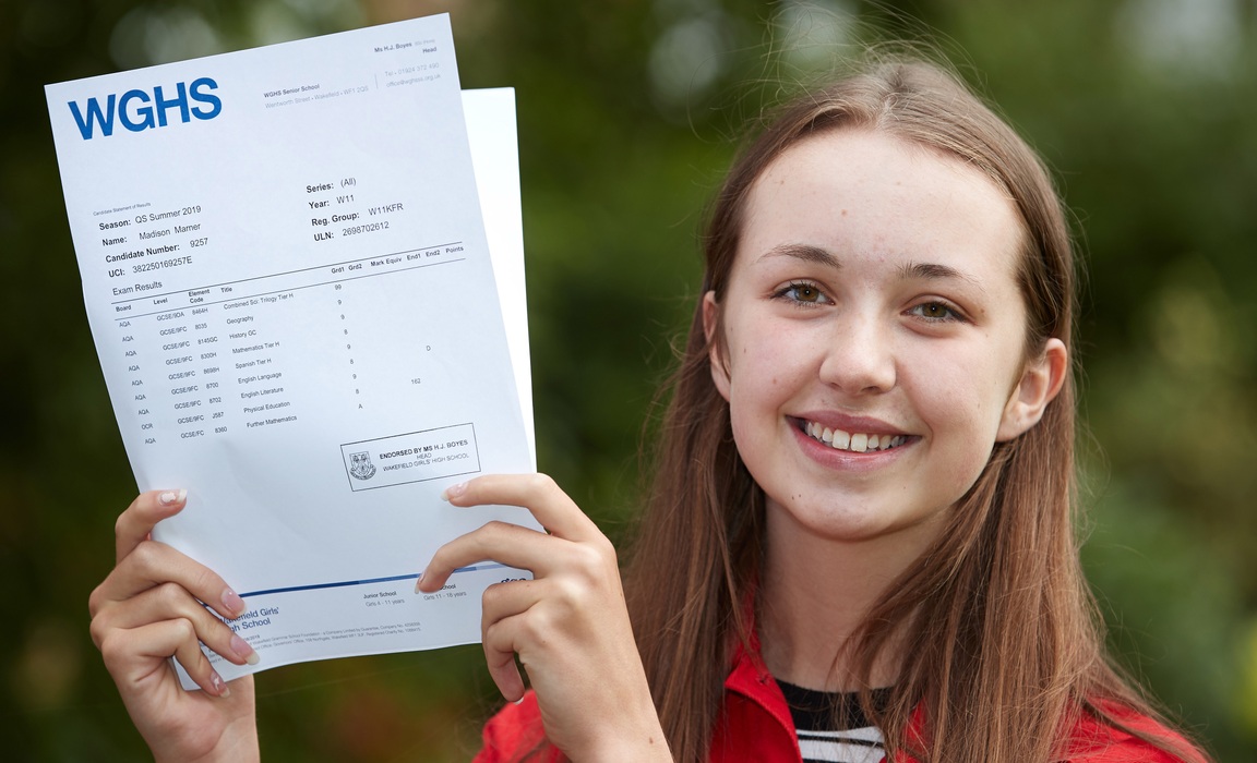 Wakefield Girls' High School student Madison Marner celebrates her GCSE results