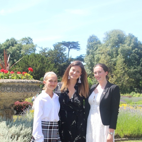 Lady Rufus Isaacs with Head Girl Molly and Year 9 Emma